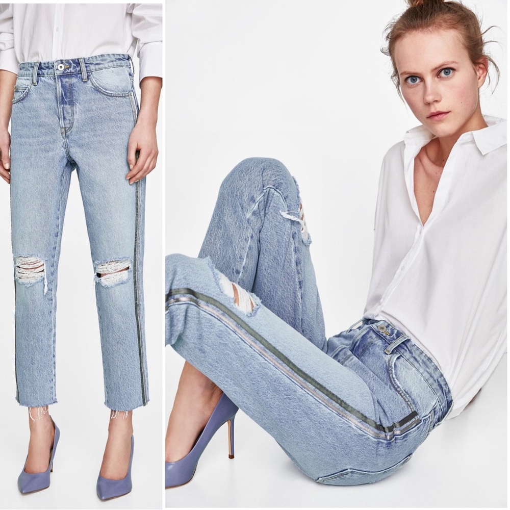 Zara Basic Denim W/ Raw Hem & Side Stripes